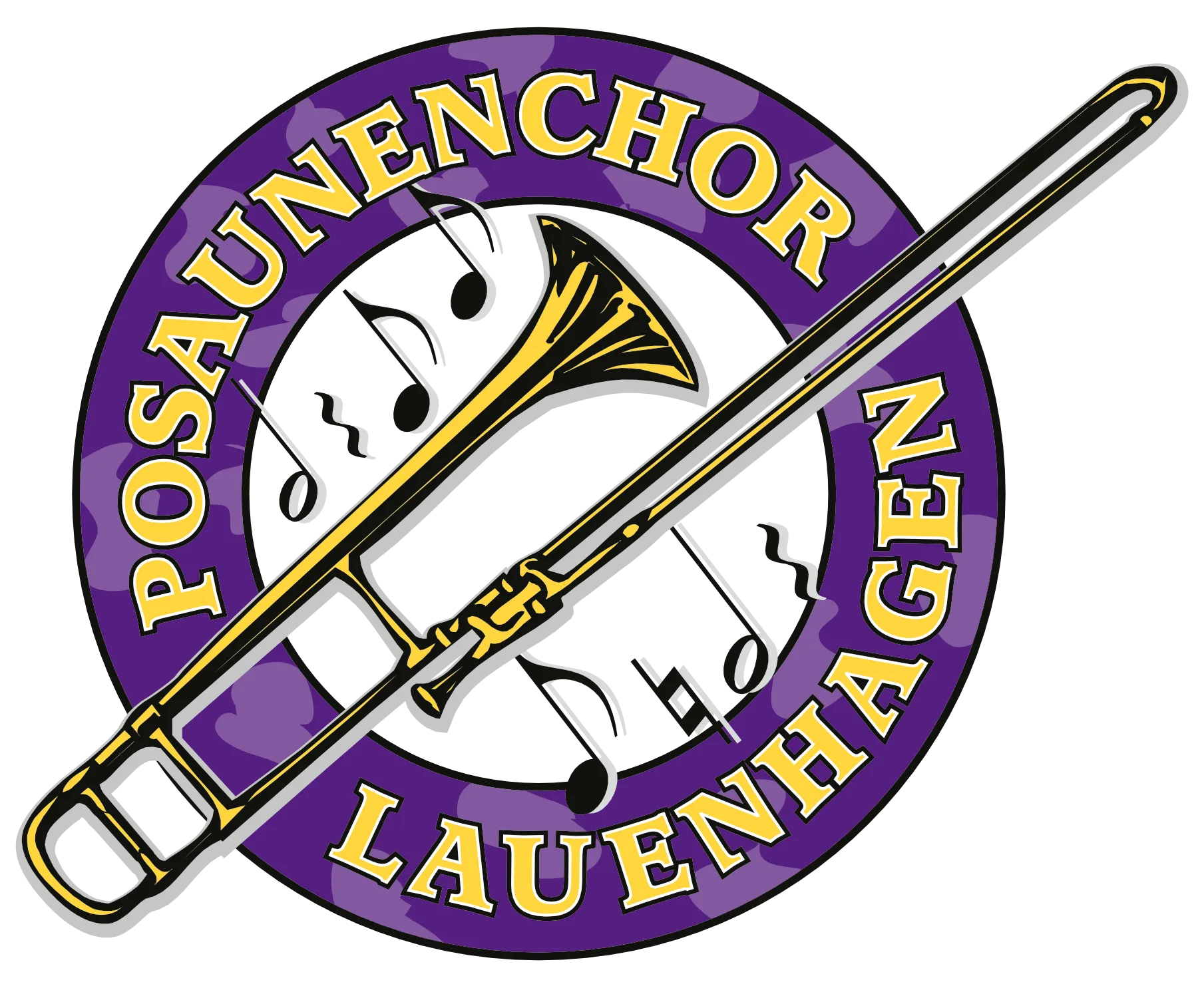 Eine Posaune, umgeben von Noten, auf einem lila Ring mit dem Schriftzug "Posaunenchor Lauenhagen"